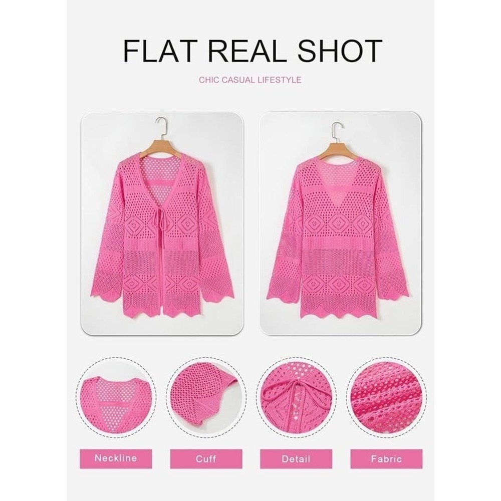 SHEWIN Women's Pink Crochet Tie Front Cardigan Hollow Out Summer Medium - Picture 5 of 5